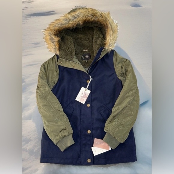 Jessica Simpson Other - NEW Jessica Simpson Girls Heavy Blue Olive Coat Faux Fur Hood Medium 10 / 12